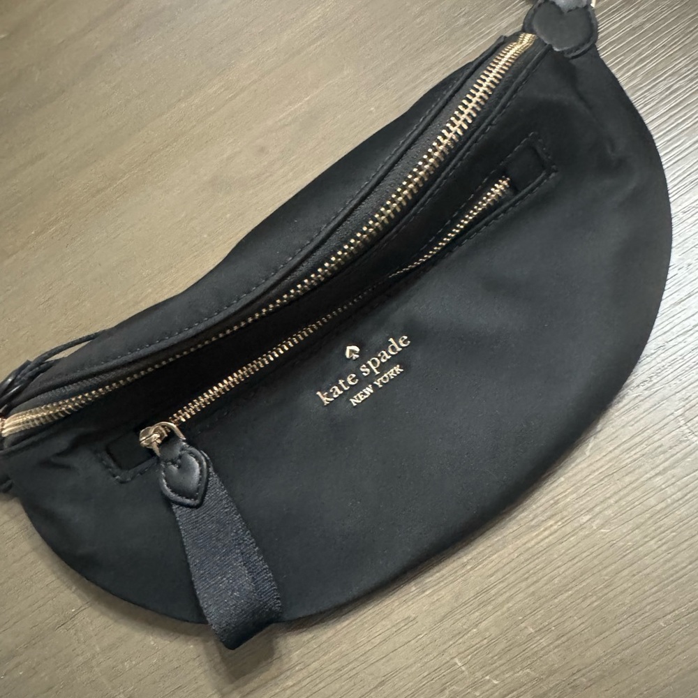 kate spade black nylon crossbody belt bag with gold hardware and logo